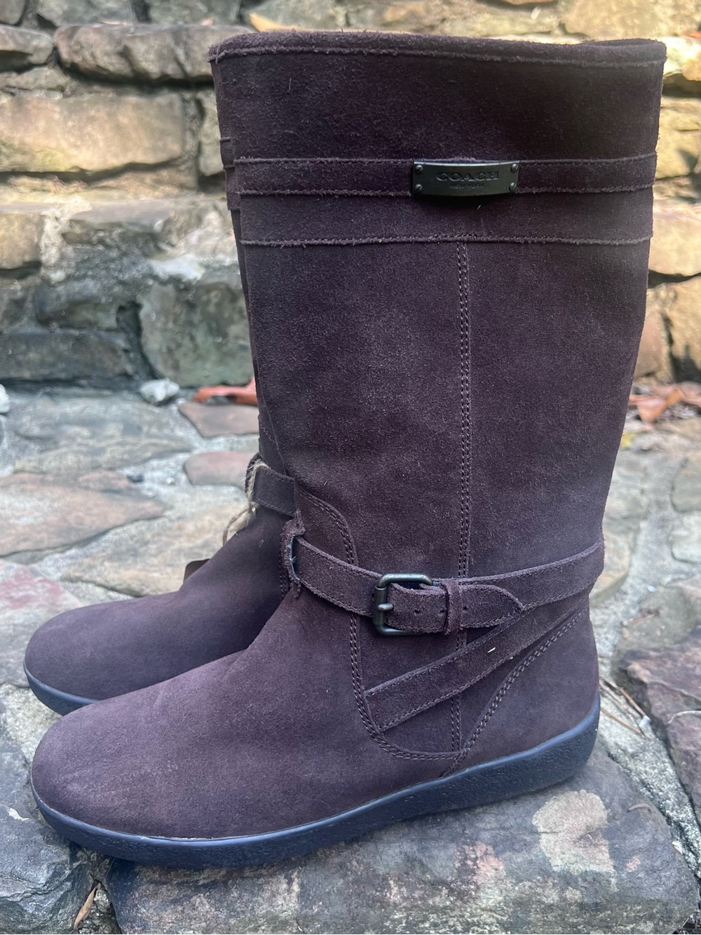 COACH Tallulah Brown Suede Mid Calf Winter Boots Shearling Lined US Women's 8B